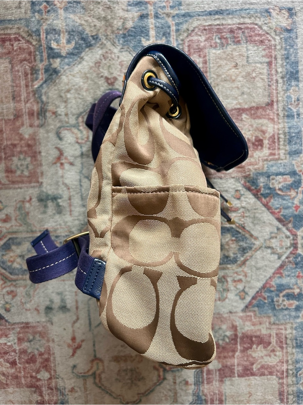 Coach Signature Backpack Gold Hardware Tan w Navy Trim Two Tags Charms Canvas - Picture 5 of 15